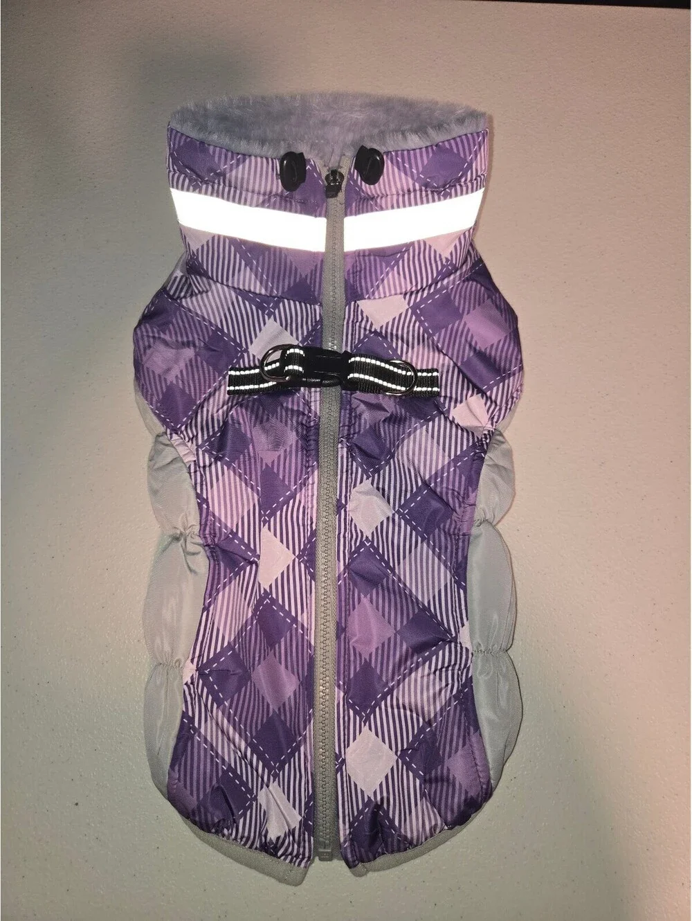 Purple Plaid Reflective Dog Jacket with Fleece Lining, Size M